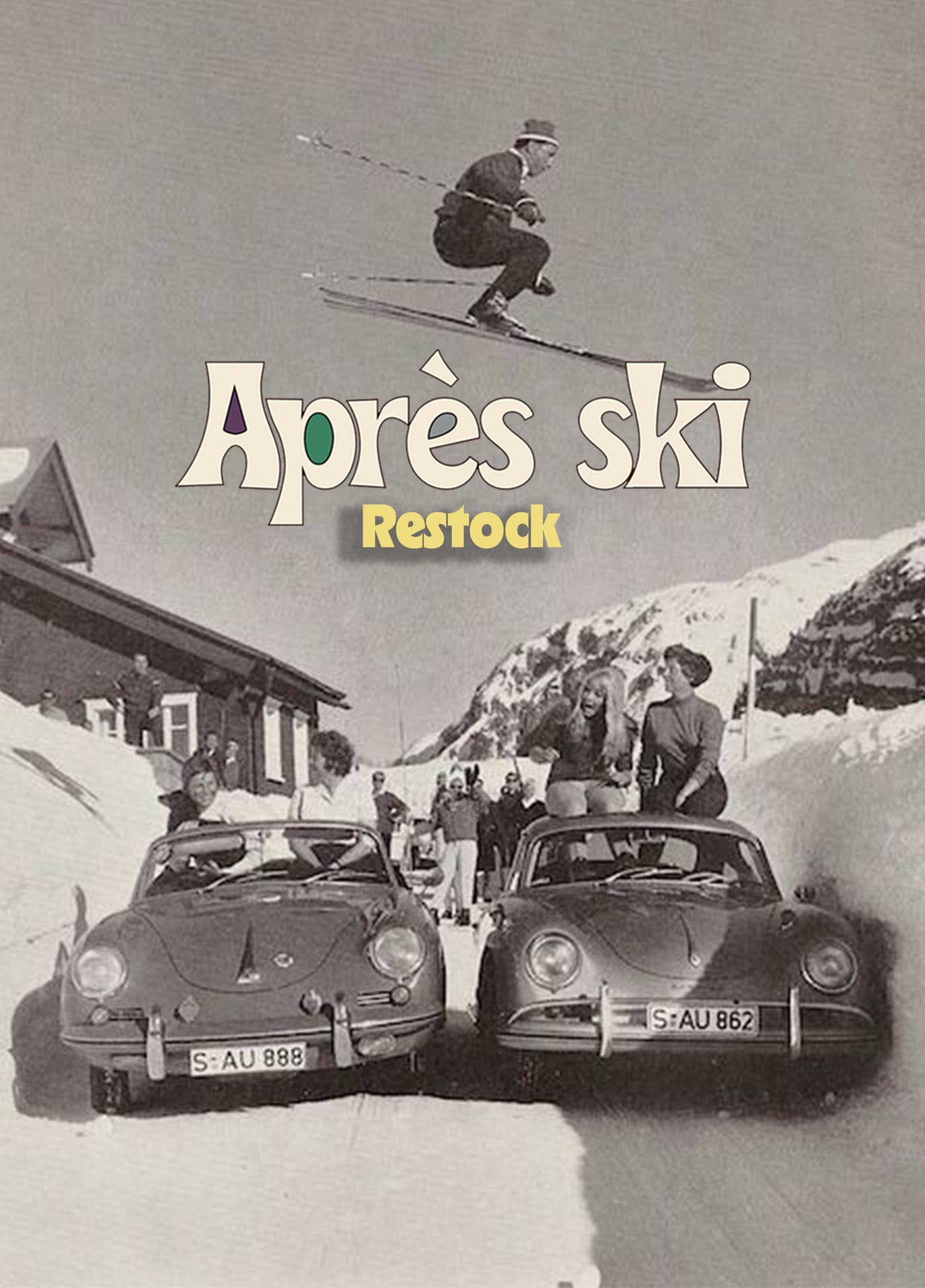 Après Ski — two Porsches in the snow, a skier mid-air