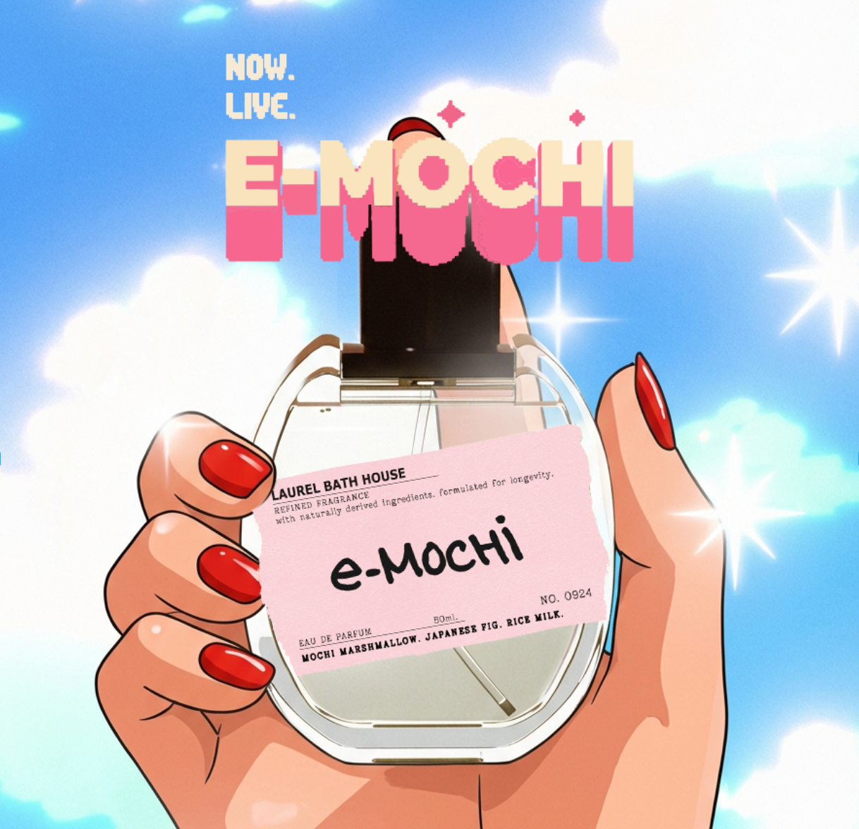 Perfume bottle labeled 'e-Mochi' held by a hand with red nails against a bright blue sky.